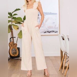 Lulu's beige easy-loving Eyelet Lace Wide leg Jumpsuit cottage core style